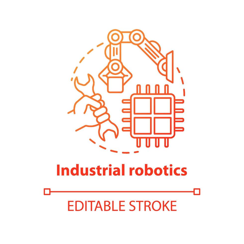 Industrial robotics red concept icon. Building technology idea thin line illustration. Types of robots, classification. Computer machine constructing. Vector isolated outline drawing. Editable stroke