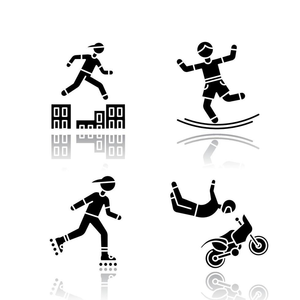 Extreme sports drop shadow black glyph icons set. Parkour, traversing obstacles. Slacklining, balance training. Inline skating. Motorcycle stunt riding. Motocross. Isolated vector illustrations