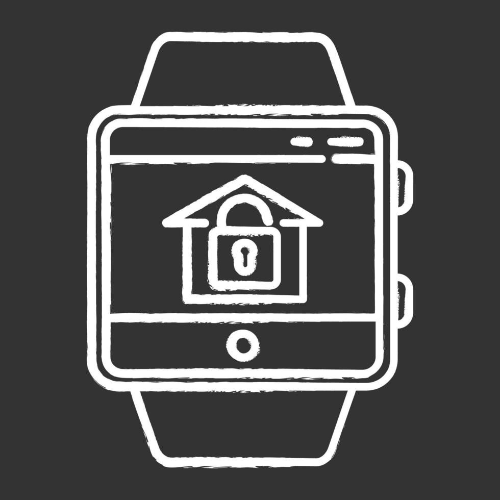 Home security monitoring smartwatch function chalk icon. House alarm system remote control device feature. Fitness wristband capability. Opened lock symbol. Isolated vector chalkboard illustration
