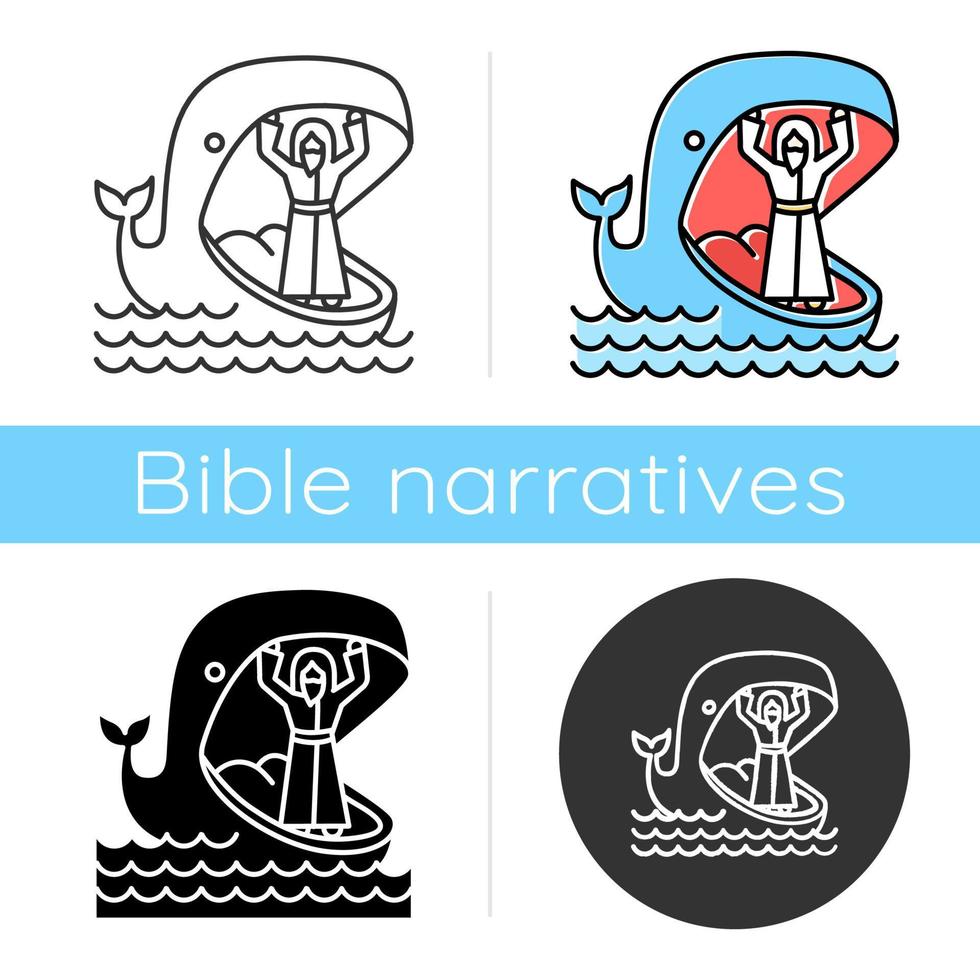 Jonah and whale icon. Old Testament story. Jonahs miraculous return from jaws of huge fish. Bible narrative. Flat design, linear and color styles. Isolated vector illustrations