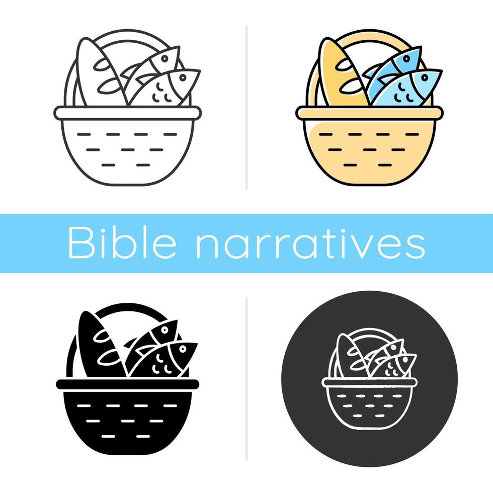 Bread and fish in basket icon. Feeding the multitude. Holy week. Miracle of Christ. Blessing food from Bible. New Testament. Flat design, linear and color styles. Isolated vector illustrations