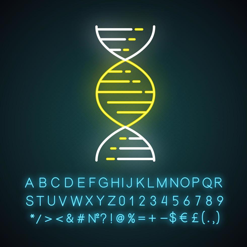 Icono de luz de neón de doble hélice de ADN. desoxirribonucleico, estructura de ácido nucleico. Biología Molecular. codigo genetico. genética. signo brillante con alfabeto, números y símbolos. vector ilustración aislada