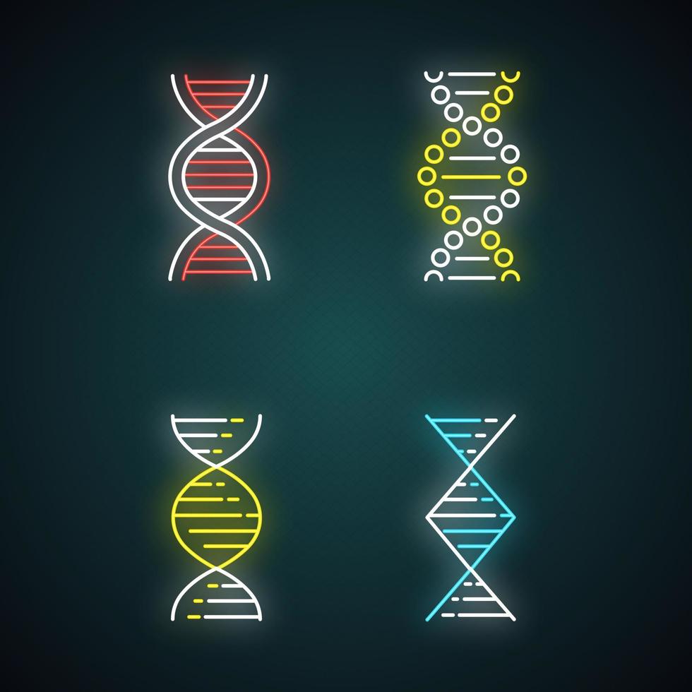 DNA spiral strands neon light icons set. Deoxyribonucleic, nucleic acid helix. Spiraling strands. Chromosome. Molecular biology. Genetic code. Genetics. Glowing signs. Vector isolated illustrations