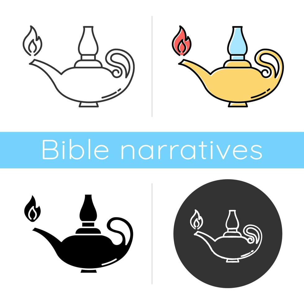 Lamp icon. Lit glowing ancient oil lantern. Bible symbol. Middle Eastern fairytale burning lamp. Arab legend. Christian narrative. Flat design, linear and color styles. Isolated vector illustrations