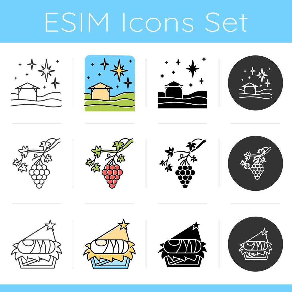 Bible narratives icons set. Christmas star, grapevine, nursery with Jesus. New Testament. Gospel learning. Christmas story. Flat design, linear, black and color styles. Isolated vector illustrations