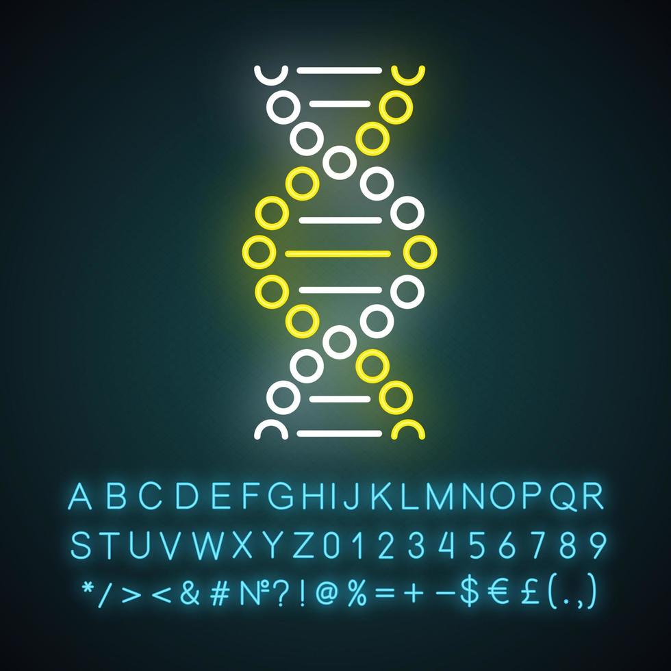 DNA spiral neon light icon. Connected dots, lines. Deoxyribonucleic, nucleic acid helix. Molecular biology. Genetic code. Glowing sign with alphabet, numbers and symbols. Vector isolated illustration