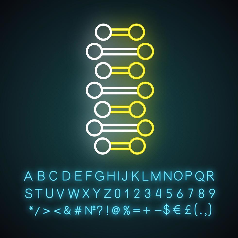 DNA spiral chains neon light icon. Connected dots, lines. Deoxyribonucleic, nucleic acid helix. Molecular biology. Glowing sign with alphabet, numbers and symbols. Vector isolated illustration