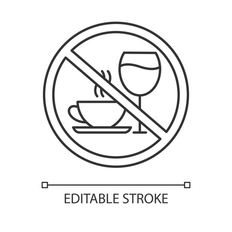 Caffeine and alcohol refusal linear icon. Deny wine and coffee. No unhealthy habits. Stop sign with beverages. Thin line illustration. Contour symbol. Vector isolated outline drawing. Editable stroke