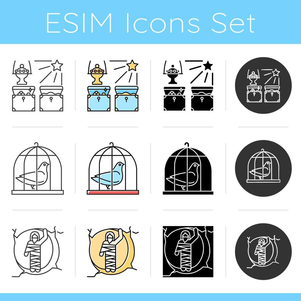 Bible narratives icons set. Gifts of the magi, pigeon in cage, raising of Lazarus. New Testament. Gospel story. Flat design, linear, black and color styles. Isolated vector illustrations