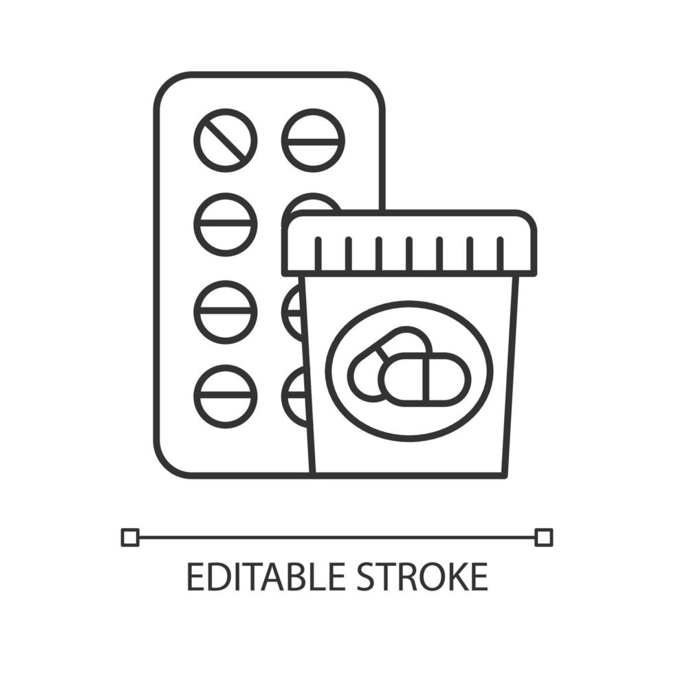 Medication linear icon. Prescribed pills. Pharmacy and medicine. Allergy treatment. Diet supplement. Thin line illustration. Contour symbol. Vector isolated outline drawing. Editable stroke