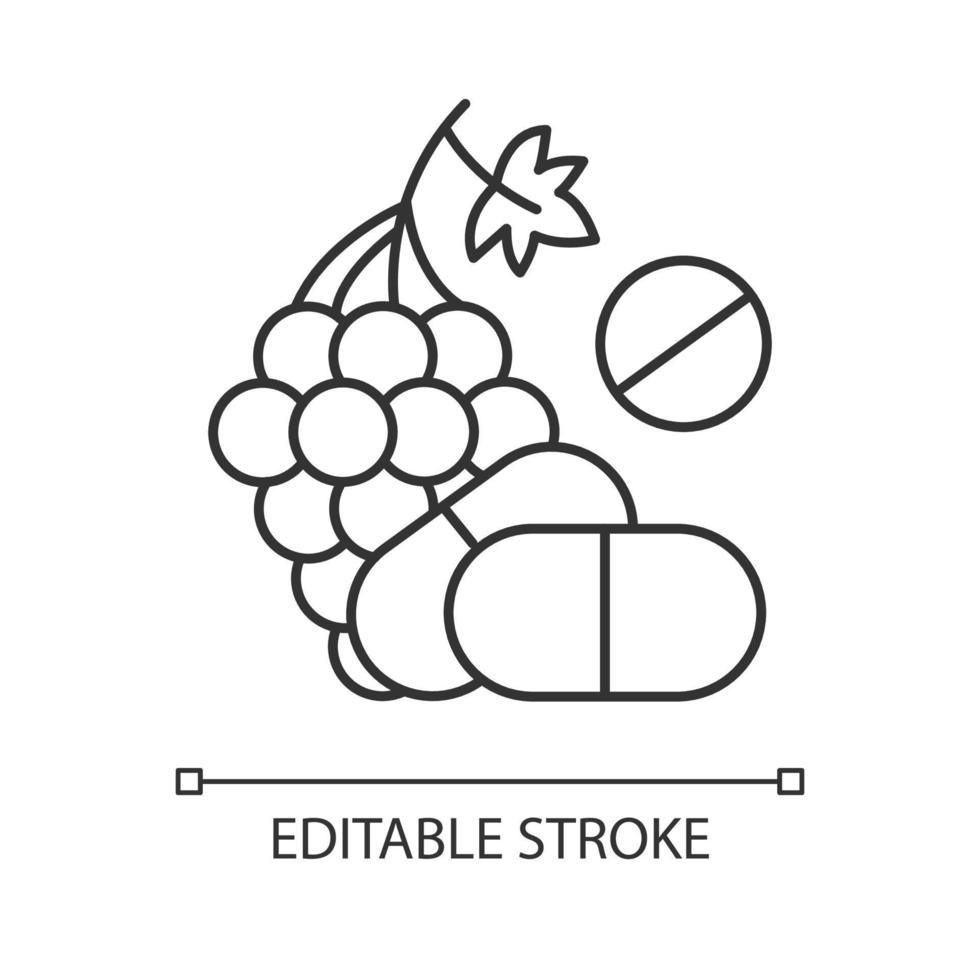 Vitamin intake linear icon. Grape, organic food. Nutritious diet supplement. Multivitamin complex. Thin line illustration. Contour symbol. Vector isolated outline drawing. Editable stroke