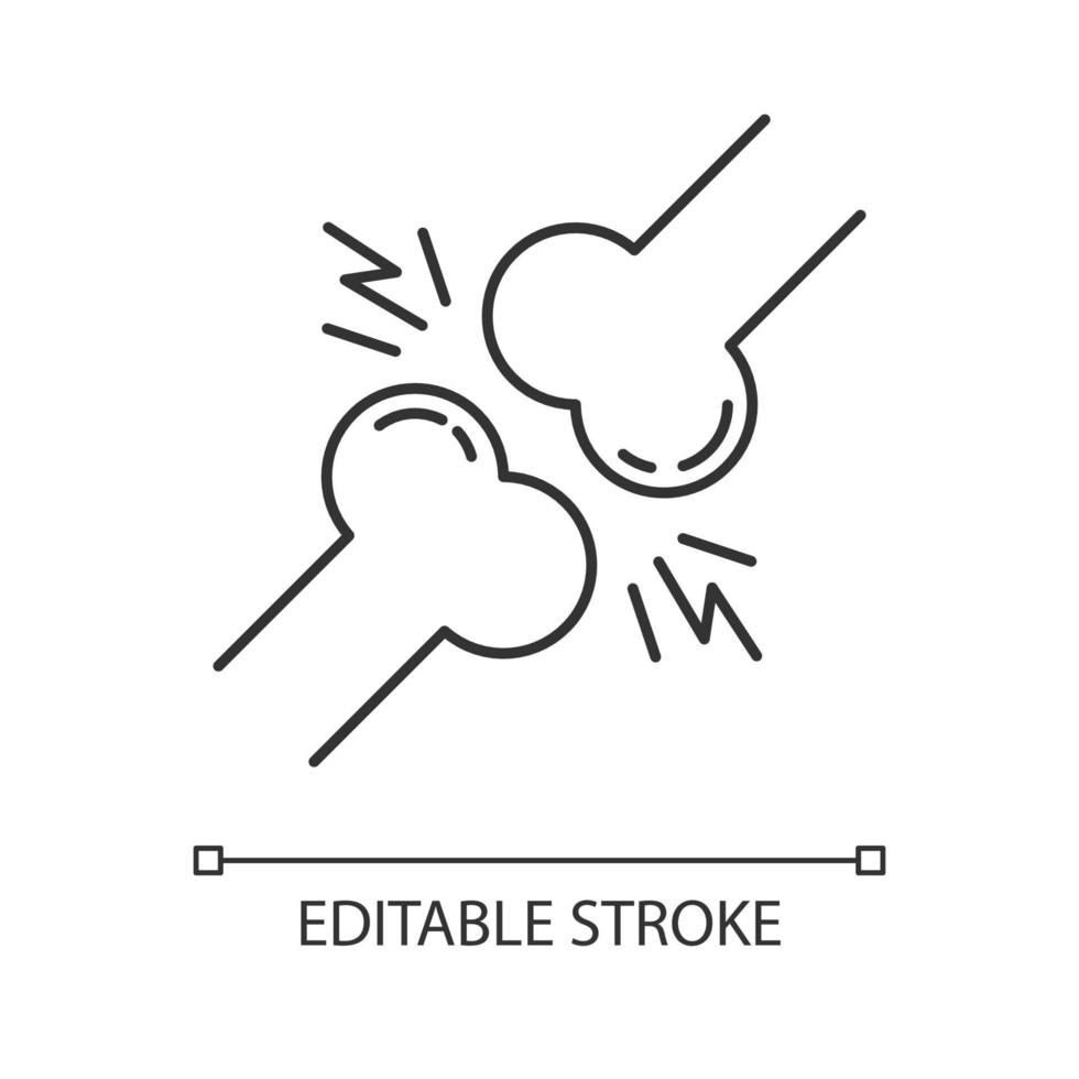 icono lineal de dolor en las articulaciones. lesión de rodilla. trauma de muñeca. distensión muscular. artritis, osteoartritis. espasmo de ligamentos. Ilustración de línea fina. símbolo de contorno. dibujo de contorno aislado vectorial. trazo editable vector