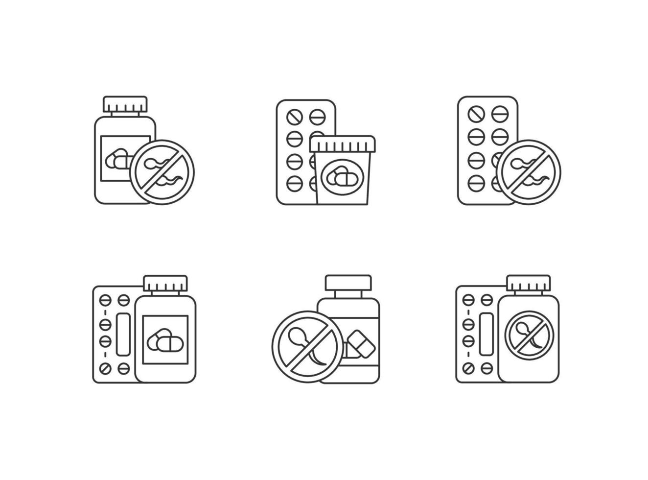 Conjunto de iconos lineales de control de la natalidad. Prevención de embarazos no deseados. prescripción del síndrome predmenstrual. símbolos de contorno de línea fina. ilustraciones de contorno de vector aislado. trazo editable. pixel perfecto