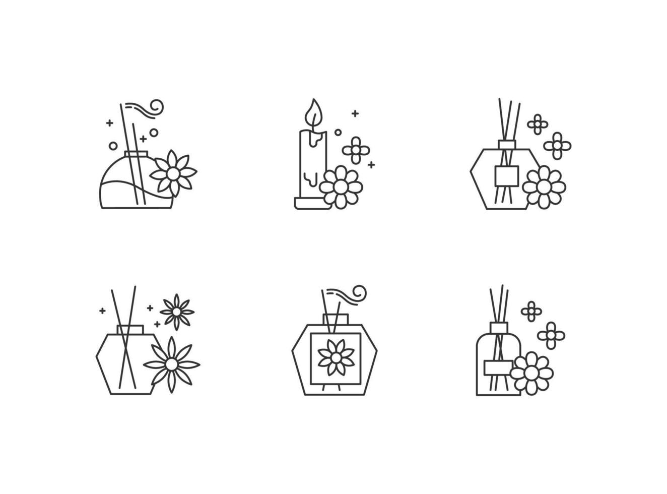 Aromatherapy linear icons set. Floral scented sticks. Aromatic candles. Cosmetology, spa therapy. Thin line contour symbols. Isolated vector outline illustrations. Editable stroke. Perfect pixel