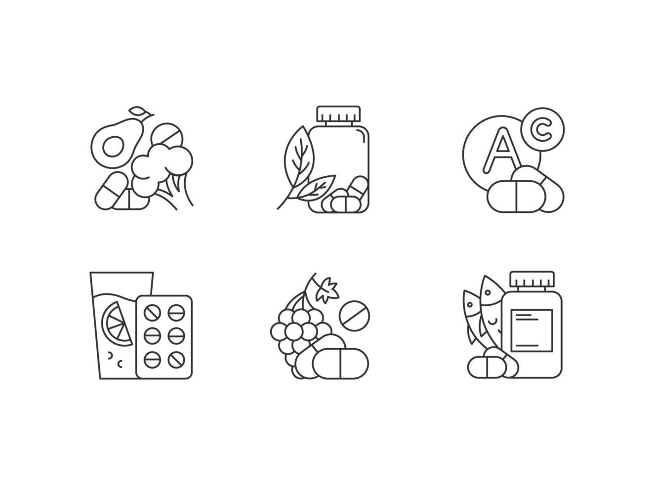 Vitamin intake linear icons set. Vegetables and fruits for healthcare. Pharmaceutical aid. Thin line contour symbols. Isolated vector outline illustrations. Editable stroke. Perfect pixel