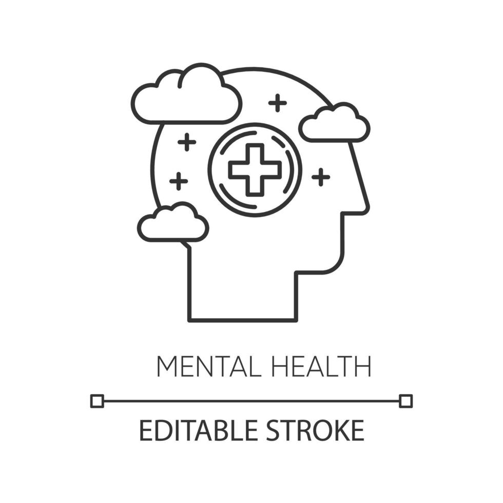 Mental health linear icon. Emotional wellness. Stress relief and wellbeing. Psychological support. Calm mind. Thin line illustration. Contour symbol. Vector isolated outline drawing. Editable stroke