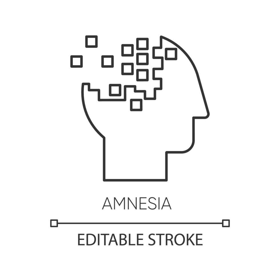 icono lineal de amnesia. pérdida de memoria. daño cerebral. problemas para recordar. síndrome de korsakoff. trastorno mental. Ilustración de línea fina. símbolo de contorno. dibujo de contorno aislado vectorial. trazo editable vector