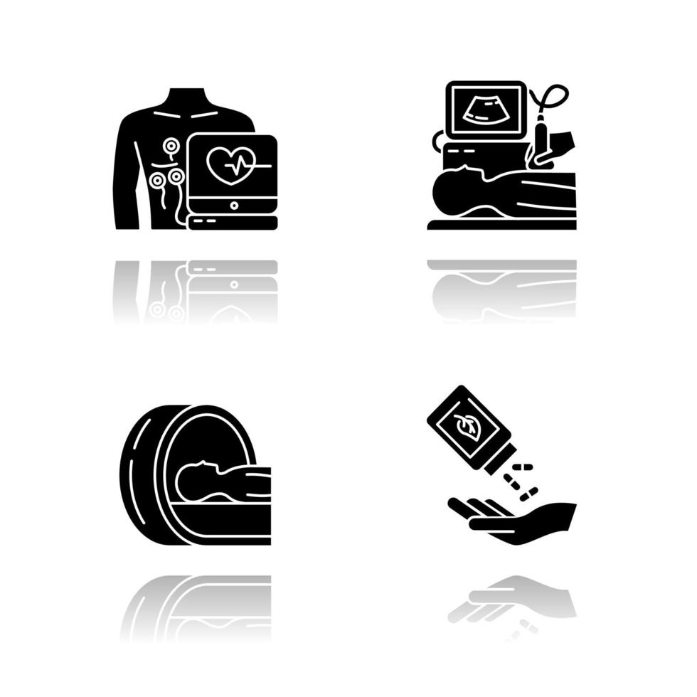 Medical procedure drop shadow black glyph icons set. Electrocardiogram. Ultrasound diagnostics. Tomography. Brain scanning. Homeopathy. Organic pills. Herbal supplement. Isolated vector illustrations