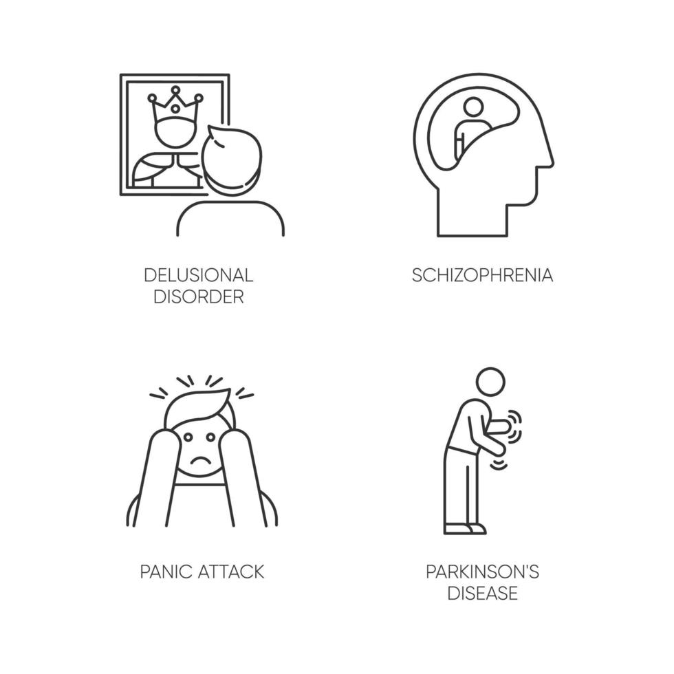 Mental disorder linear icons set. Delusional person. Schizophrenia. Panic attack. Parkinson disease. Dementia. Thin line contour symbols. Isolated vector outline illustrations. Editable stroke