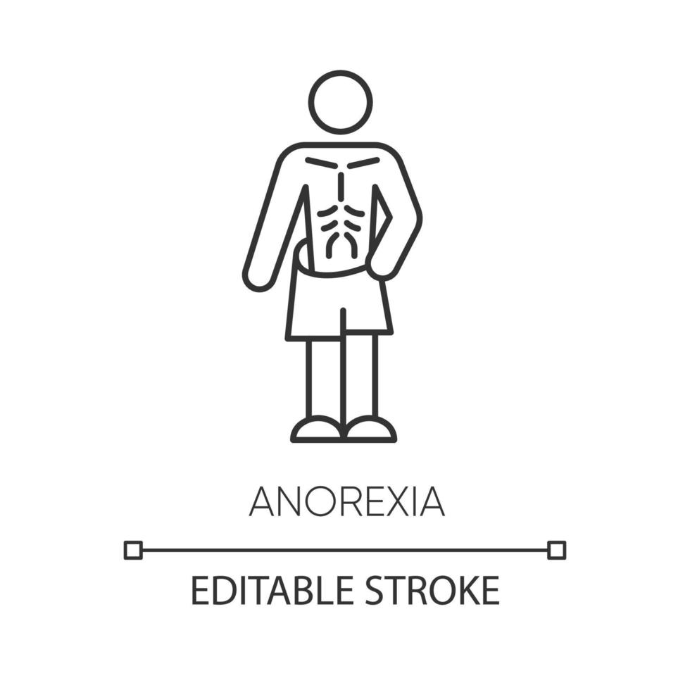 icono lineal de anorexia. desorden alimenticio. masa corporal por debajo del peso normal. pérdida de peso poco saludable. salud mental. Ilustración de línea fina. símbolo de contorno. dibujo de contorno aislado vectorial. trazo editable vector