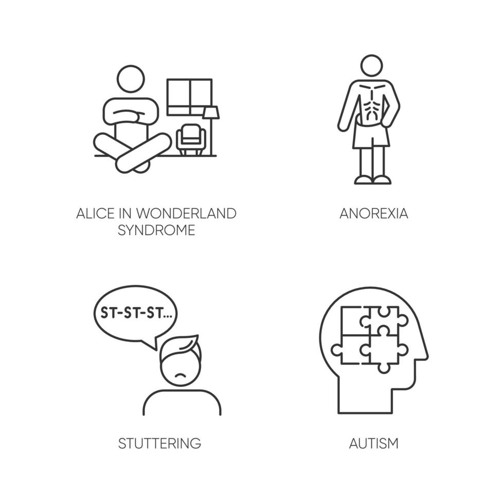Mental disorder linear icons set. Alice in wonderland syndrome. Anorexia. Stuttering. Speech disorder. Autism. Thin line contour symbols. Isolated vector outline illustrations. Editable stroke