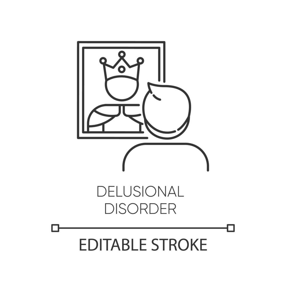 Delusional disorder linear icon. Man in mirror reflection. Bizzare beliefs. Megalomania. Mental illness. Thin line illustration. Contour symbol. Vector isolated outline drawing. Editable stroke