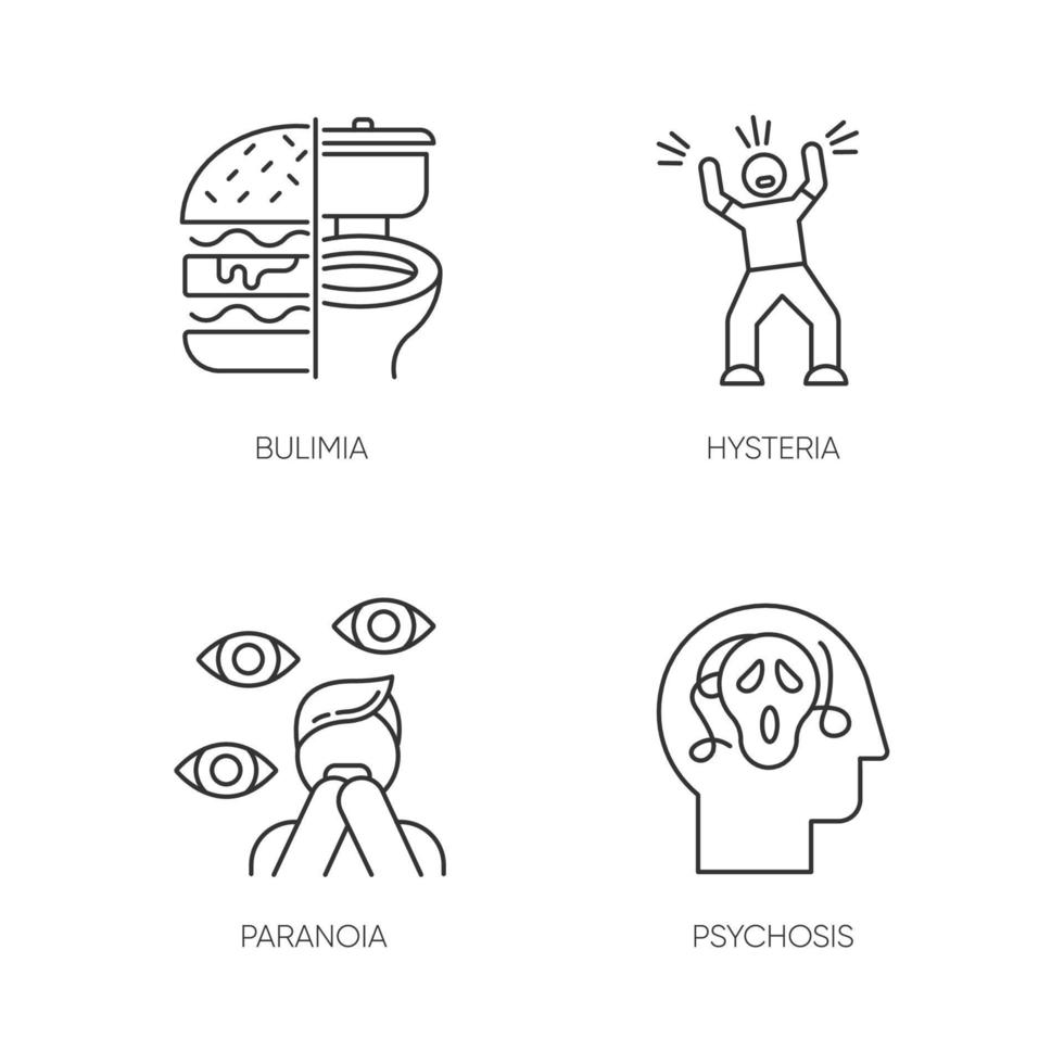 Conjunto de iconos lineales de trastorno mental. bulimia. desorden alimenticio. histeria. ataque de pánico. ansiedad. paranoia. psicosis. símbolos de contorno de línea fina. ilustraciones de contorno de vector aislado. trazo editable