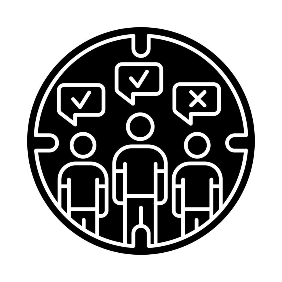 Survey target audience glyph icon. Public opinion. Focus group. Research. Customer satisfaction, review. Feedback. Sampling. Silhouette symbol. Negative space. Vector isolated illustration