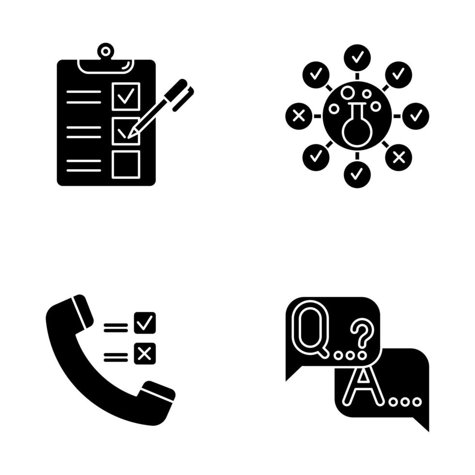 Survey methods glyph icons set. Telephone poll. Chemical analysis. Questionnaire. Interview. Public opinion. Customer review. Feedback. Evaluation. Silhouette symbols. Vector isolated illustration