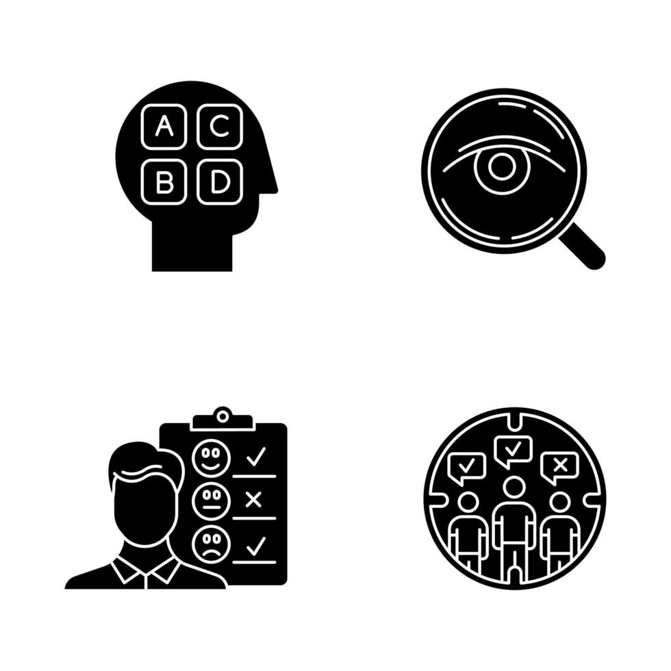 conjunto de iconos de glifo de métodos de encuesta. análisis. entrevista. opinión emocional. población objetivo. opinión pública. test de personalidad. revisión del cliente. realimentación. símbolos de silueta. vector ilustración aislada