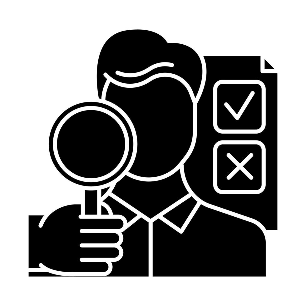 Survey interviewer glyph icon. Face-to-face interview. Human-assisted poll. Social research. Public opinion polling. Expert survey. Silhouette symbol. Negative space. Vector isolated illustration