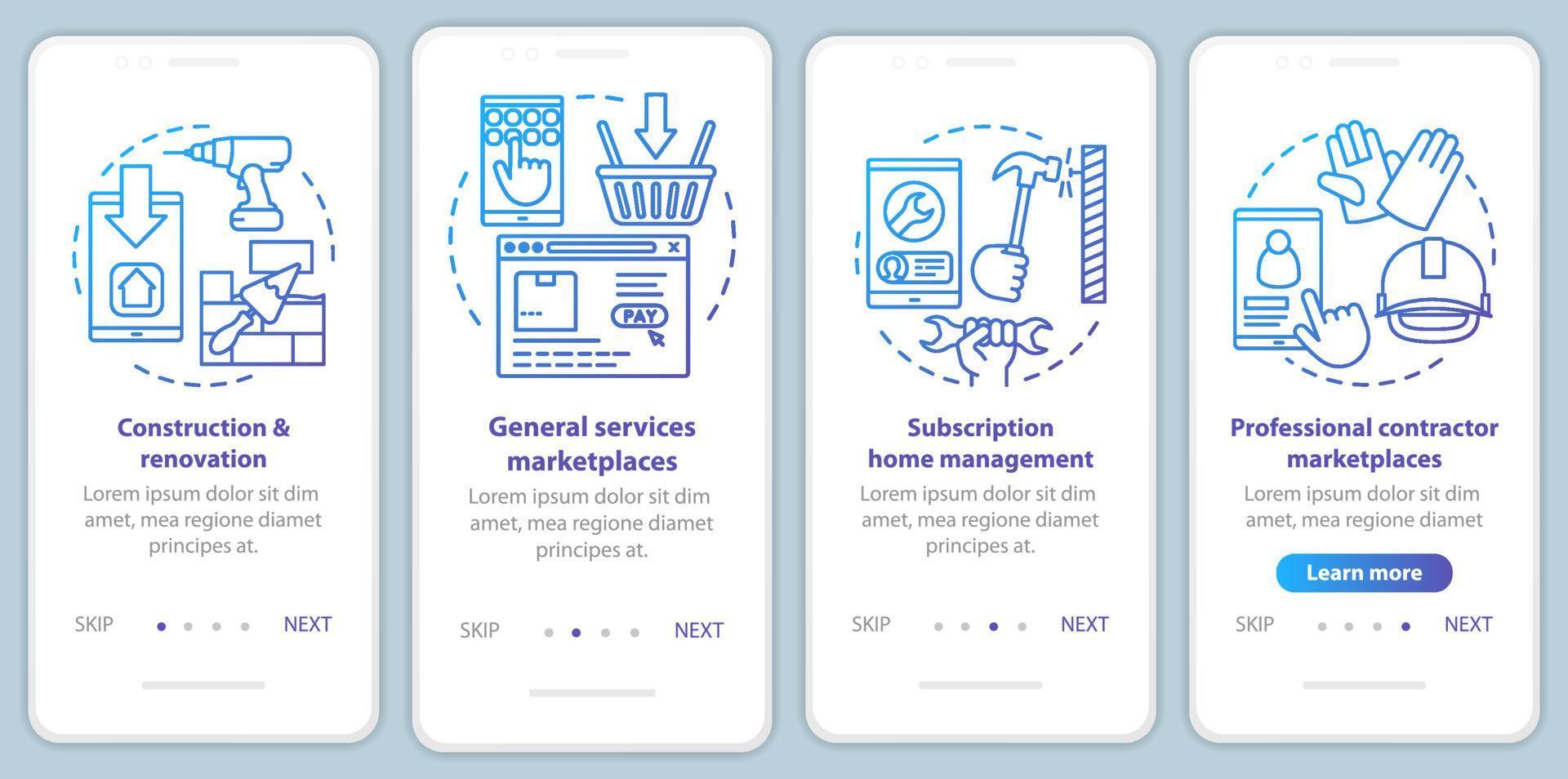 Plantilla de vector de pantalla de página de aplicación móvil de incorporación de mercados en línea. comercio electrónico, servicio al cliente, paso a paso, pasos del sitio web con ilustraciones lineales. concepto de interfaz de teléfono inteligente ux, ui, gui