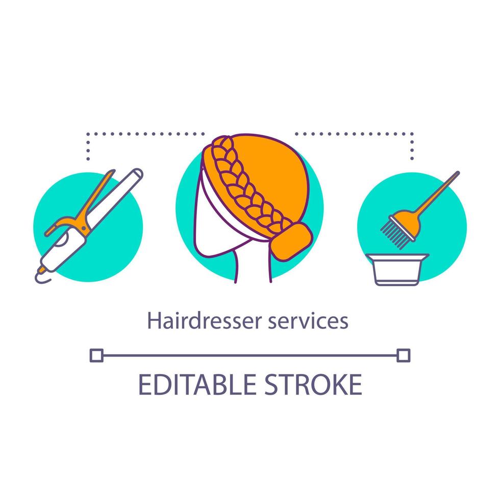 Hairdresser services concept icon. Beauty service idea thin line illustration. Hair salon procedure. Haircut and braid weaving, coloring. Curling ringlets. Vector isolated drawing. Editable stroke