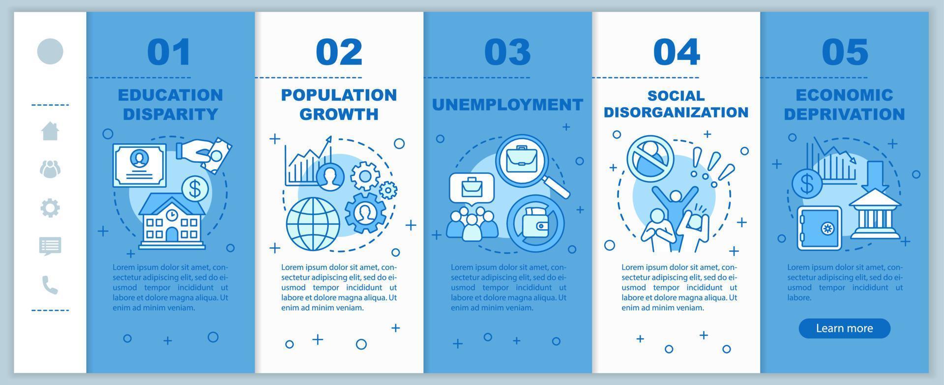 Social problems onboarding mobile web pages vector template. Unemployment, economic deprivation, population growth. Responsive smartphone website interface idea. Webpage walkthrough step screens.