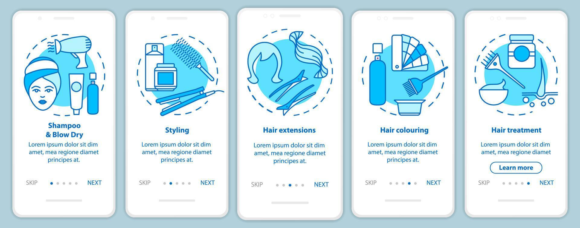 Servicios de peluquería Pantalla de página de la aplicación móvil de incorporación azul con conceptos lineales. instrucciones gráficas de pasos de tutorial de peluquería. ux, ui, plantilla de vector de interfaz gráfica de usuario con ilustraciones