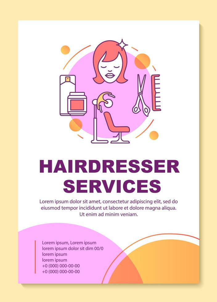 Hairdresser services poster template layout. Hair care and treatment products. Banner, booklet, leaflet print design with linear icons. Vector brochure page layout for magazines, advertising flyers