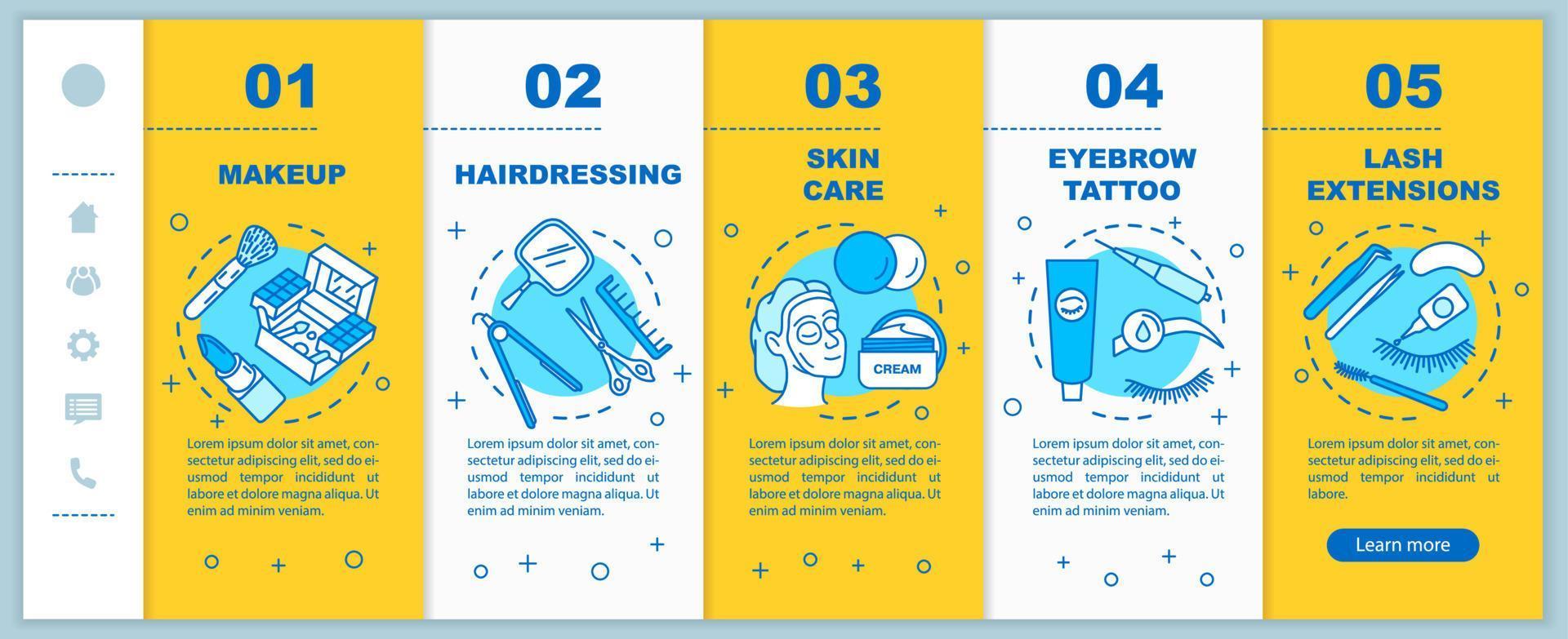 Beauty salon procedures onboarding mobile web pages vector template. Responsive smartphone website interface idea with linear illustrations. Webpage walkthrough step screens. Color concept