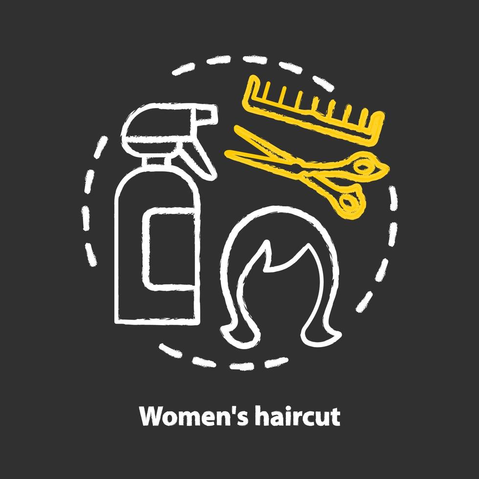 icono de concepto de tiza de corte de pelo de mujer. productos para el cuidado y tratamiento del cabello. peinado, idea de peinado. equipo de peluquería, herramientas de peluquería. vector ilustración de pizarra aislada