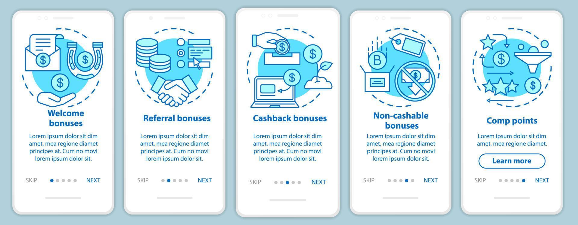 Casino bonuses onboarding mobile app page screen with linear concepts. Gambling. Comp points, cash back, referral, welcome bonuses. Walkthrough steps graphic instructions. UX, UI, GUI vector template