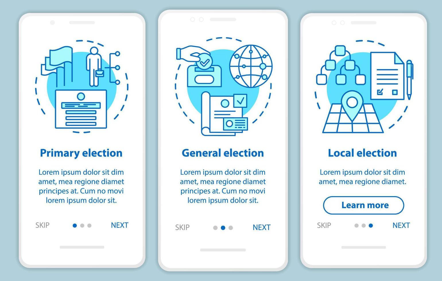 Elections onboarding mobile app page screen with linear concepts. Electing local, general political figures. Three walkthrough steps graphic instructions. UX, UI, GUI vector template with illustration