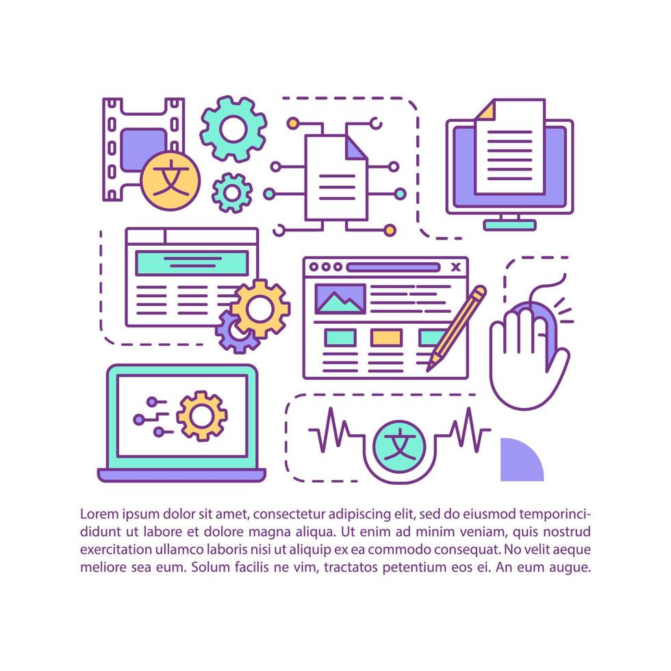 plantilla de vector de página de artículo de software de edición y procesamiento de texto. folleto, revista, elemento de diseño de folleto con iconos lineales y cuadros de texto. diseño de impresión. ilustraciones de concepto con espacio de texto