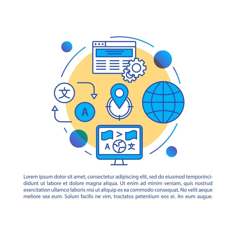 Translation application article page vector template. Online translator. Brochure, magazine, booklet design element with linear icons and text. Print design. Concept illustrations with text space