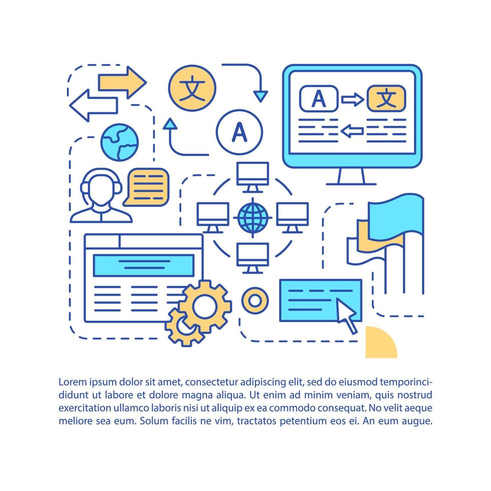 Translation application article page vector template. Online translator, interpreter. Brochure, magazine, booklet element with linear icons and text. Print design. Concept illustration with text space