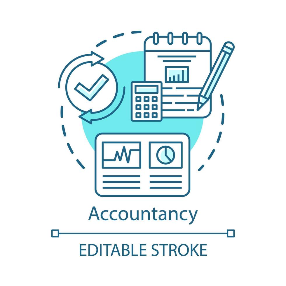 icono del concepto de contabilidad. planificación presupuestaria y financiera. mantener registros financieros. realizar auditorías. Ilustración de línea fina de idea de contabilidad. dibujo de contorno aislado vectorial. trazo editable vector