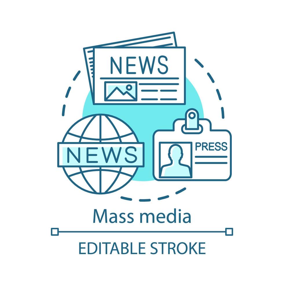 Mass media concept icon. News agency. Journalism. Information channel. Review of world events. Newspaper editorial office idea thin line illustration. Vector isolated outline drawing. Editable stroke