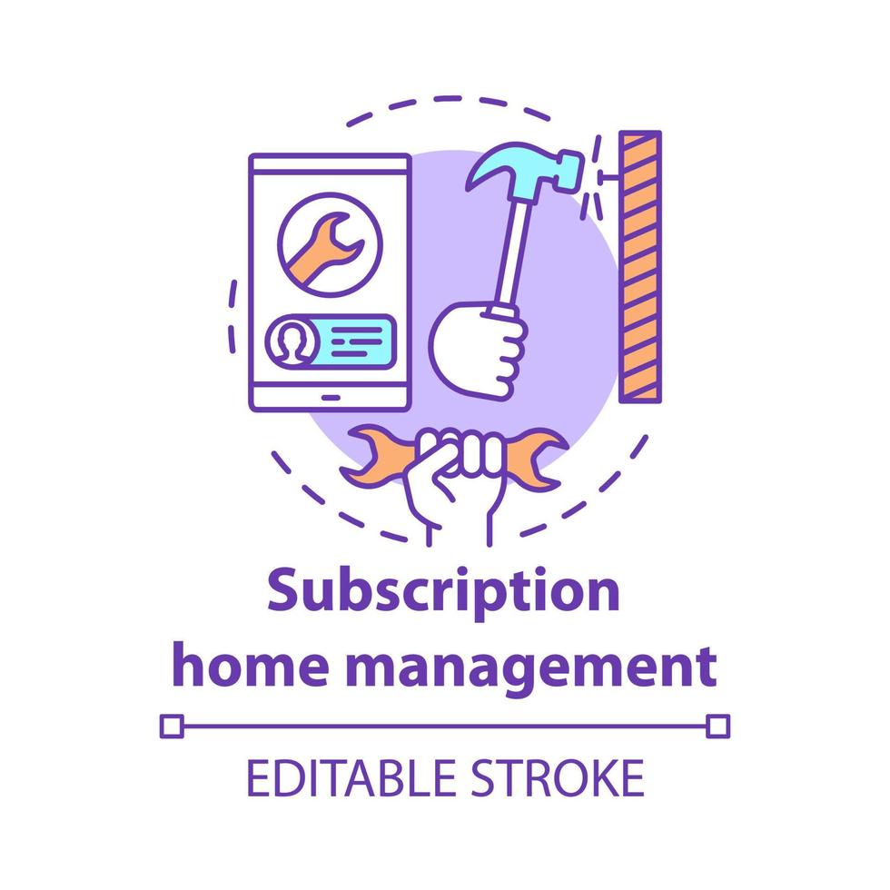 Subscription home management concept icon. Construction tools shop idea thin line illustration. Repairman call service. Smartphone, wrench and hammer vector isolated outline drawing. Editable stroke