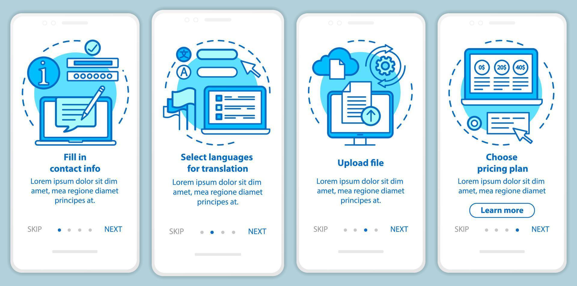 Translation service blue onboarding mobile app page screen with linear concepts. Upload file, choose pricing plan walkthrough steps graphic instructions. UX, UI, GUI vector template with illustrations