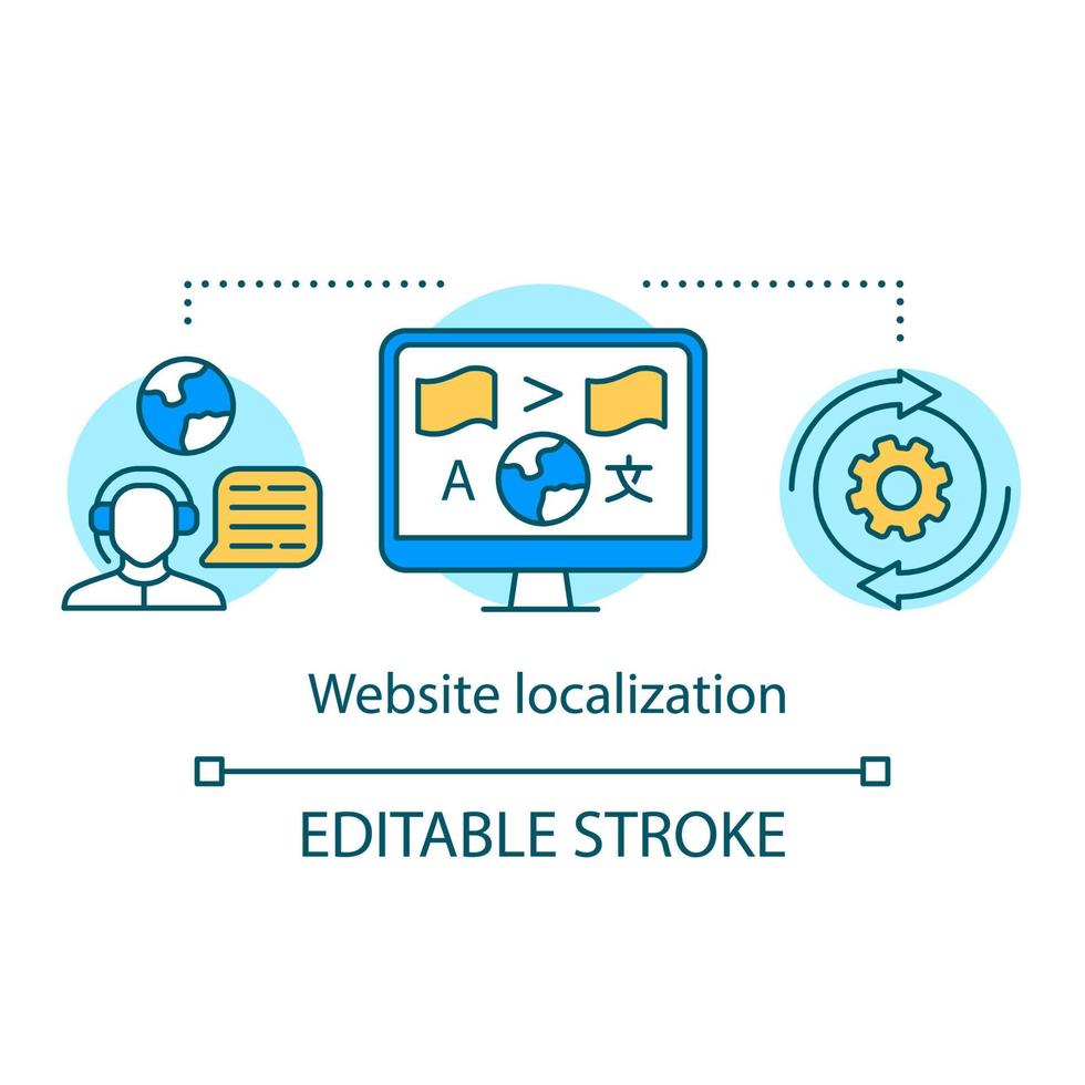 Translation services concept icon. Website localization idea thin line illustration. Translating webpage for foreign countries, business globalization. Vector isolated outline drawing. Editable stroke