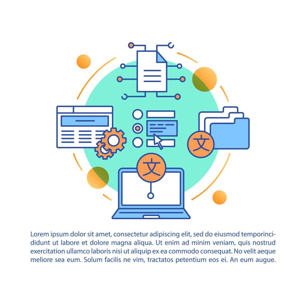 plantilla de vector de página de artículo de software de traducción de texto extranjero. folleto, revista, elemento de diseño de folleto con iconos lineales y cuadros de texto. diseño de impresión. ilustraciones de concepto con espacio de texto