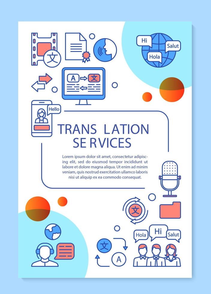 Diseño de plantilla de folleto de servicios de traducción. interpretación multilingüe. folleto, folleto, diseño de impresión de folletos con ilustraciones lineales. diseños de páginas vectoriales para revistas, carteles publicitarios vector